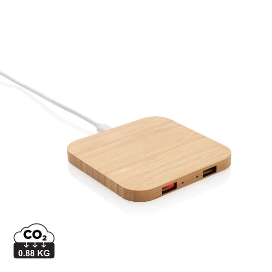 Bambusz 5W-os vezeték nélküli töltő USB-vel barna  