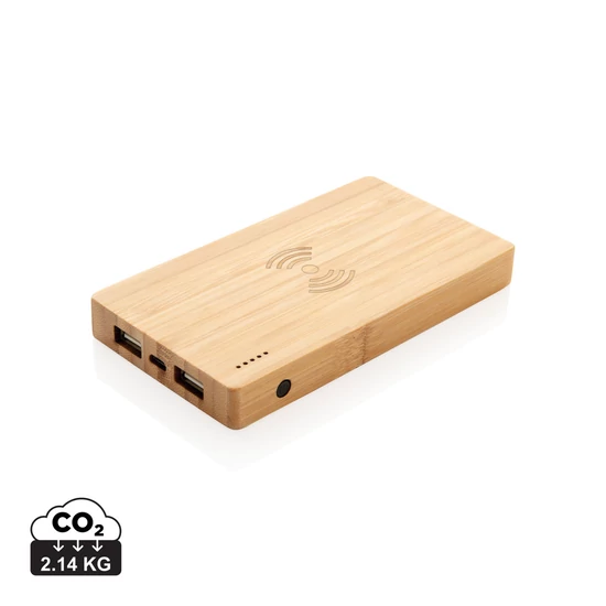 Bambusz 4000 mAh 5W-os vezeték nélküli töltős powerbank barna  