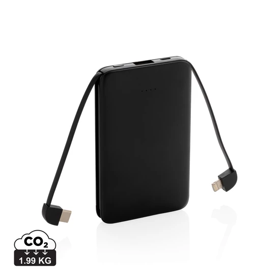 5000 mAh zsebben hordható powerbank beépített kábellel fekete  