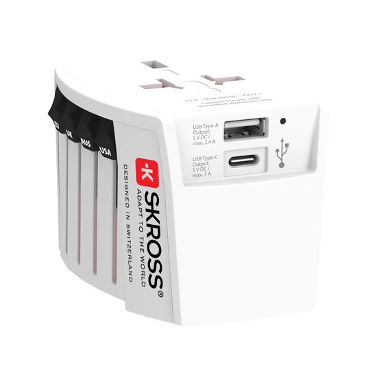 SKROSS világjáró adapter MUV 2 pólusú USB-A-val és C-vel fehér  