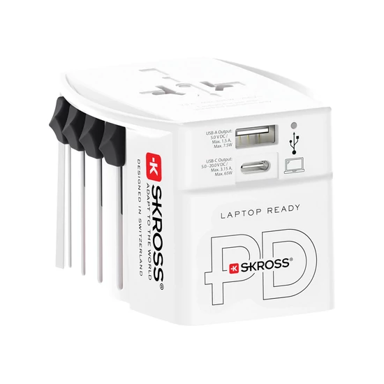 SKROSS világjáró adapter MUV 65 W PD USB-C kábellel fehér  